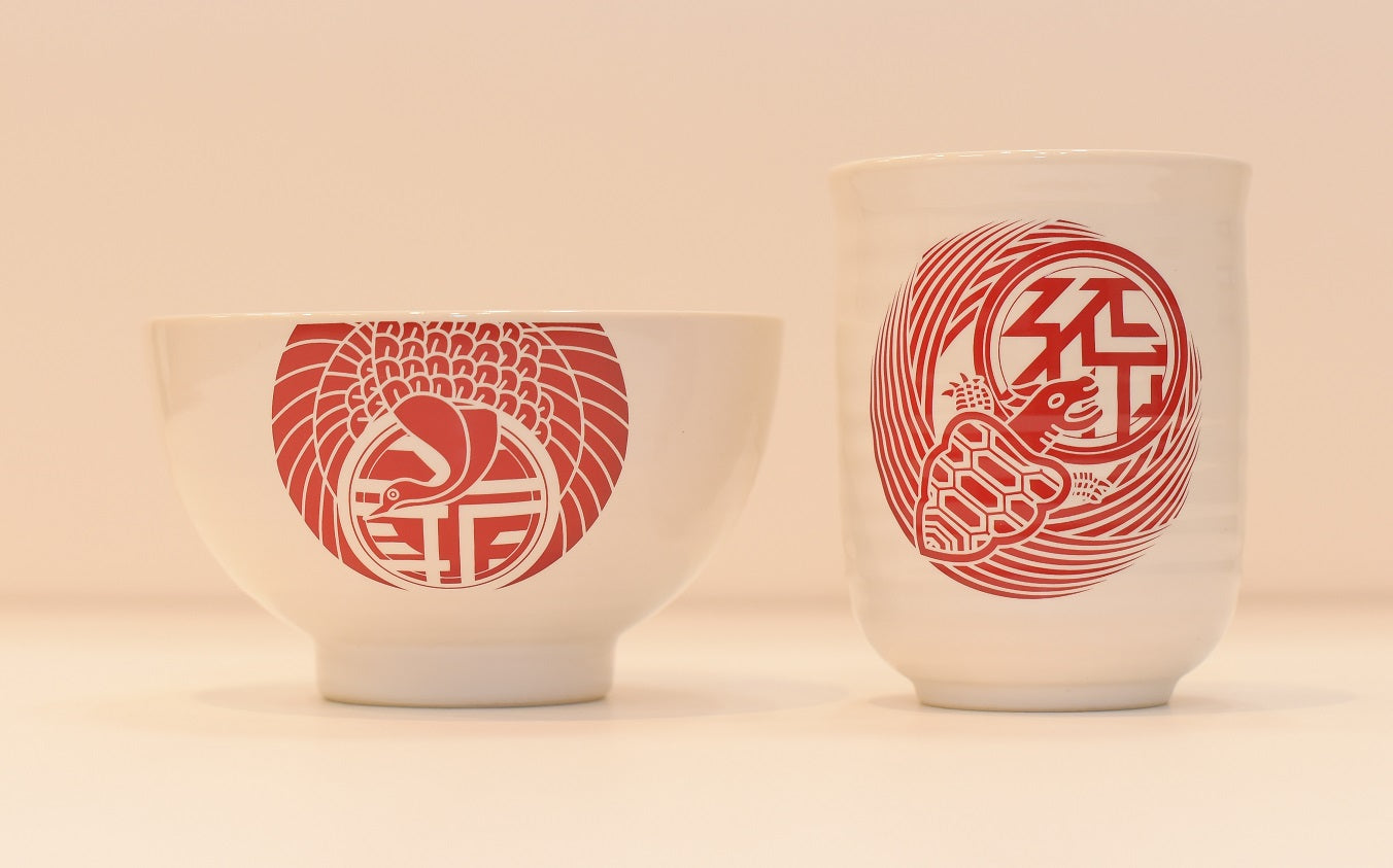 爺孫茶碗＆湯呑セット(赤)